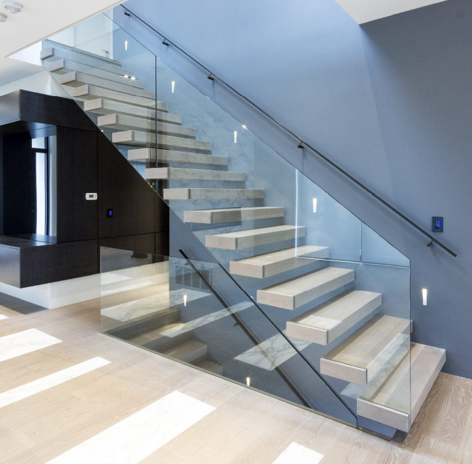 Prefabricated apartment building wood stairs design indoor floating stairs