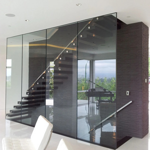 Modern design invisible steel structure natural timber wood steps floating cantilever stairs with glass railings