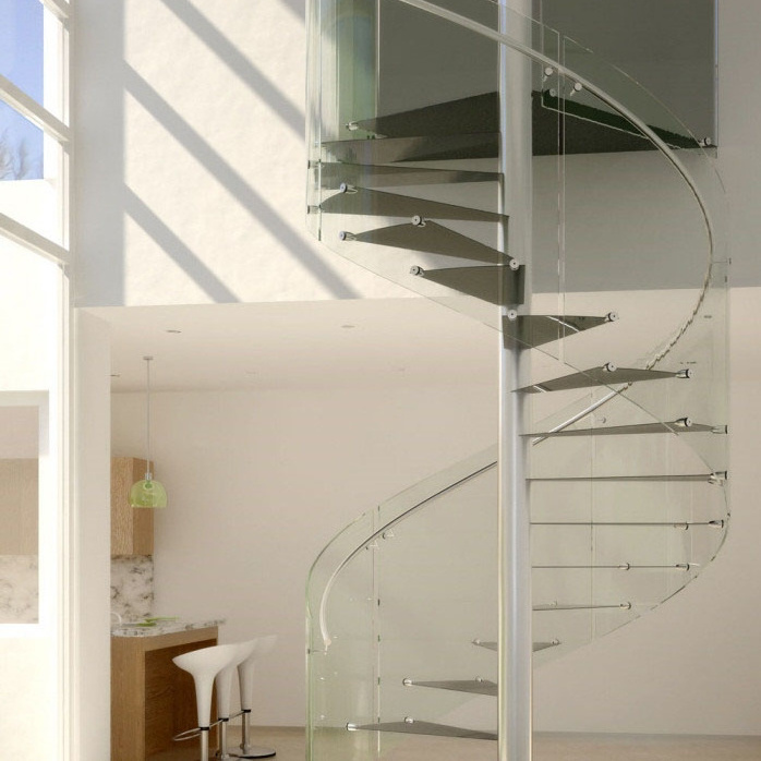 Wrought iron antique stairs design attic wooden spiral staircase with glass balustrade