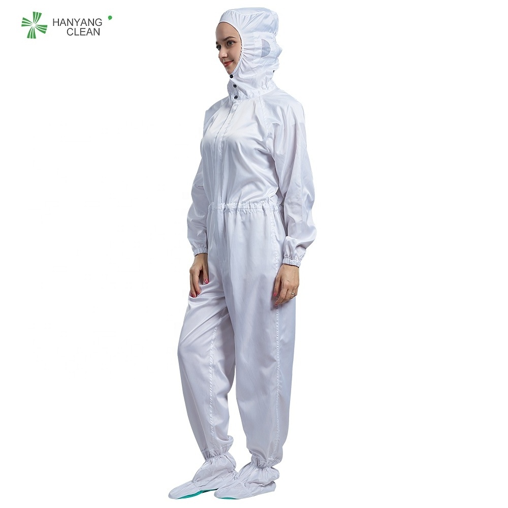 White esd anti-static hooded coverall with shoe cover and brass button