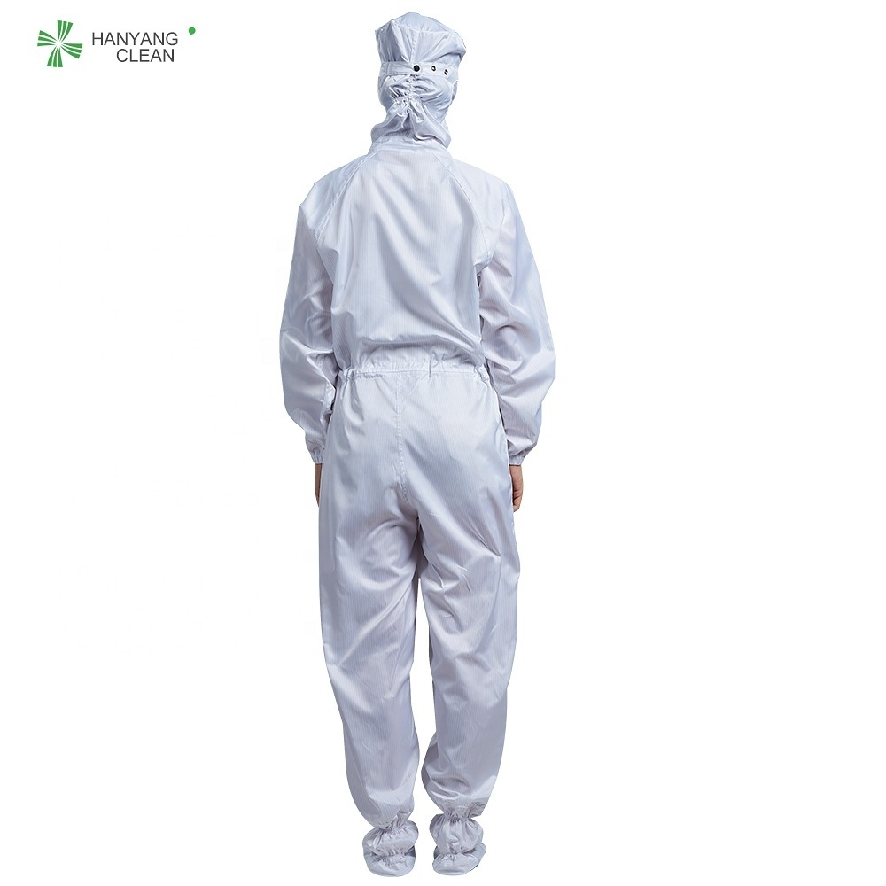 White esd anti-static hooded coverall with shoe cover and brass button