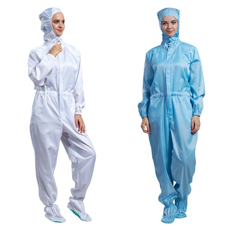 White esd anti-static hooded coverall with shoe cover and brass button