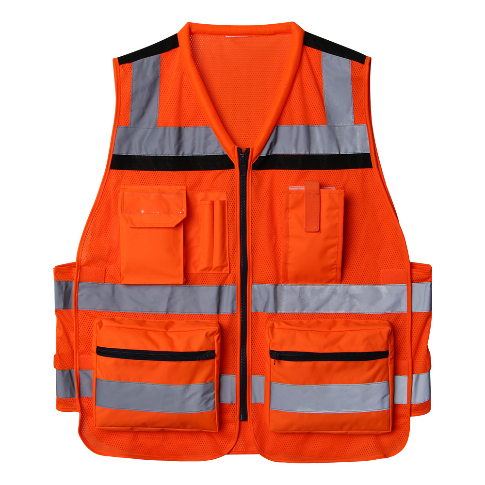 Hi-vis breathable surveyor safety vest with back pocket