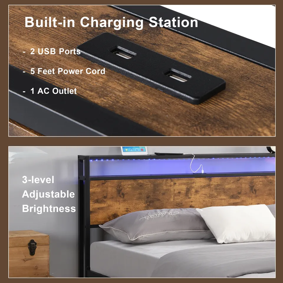 Modern metal  bedroom furniture wooden single/double/queen/king size wooden bed frame with LED light and USB type on headboard