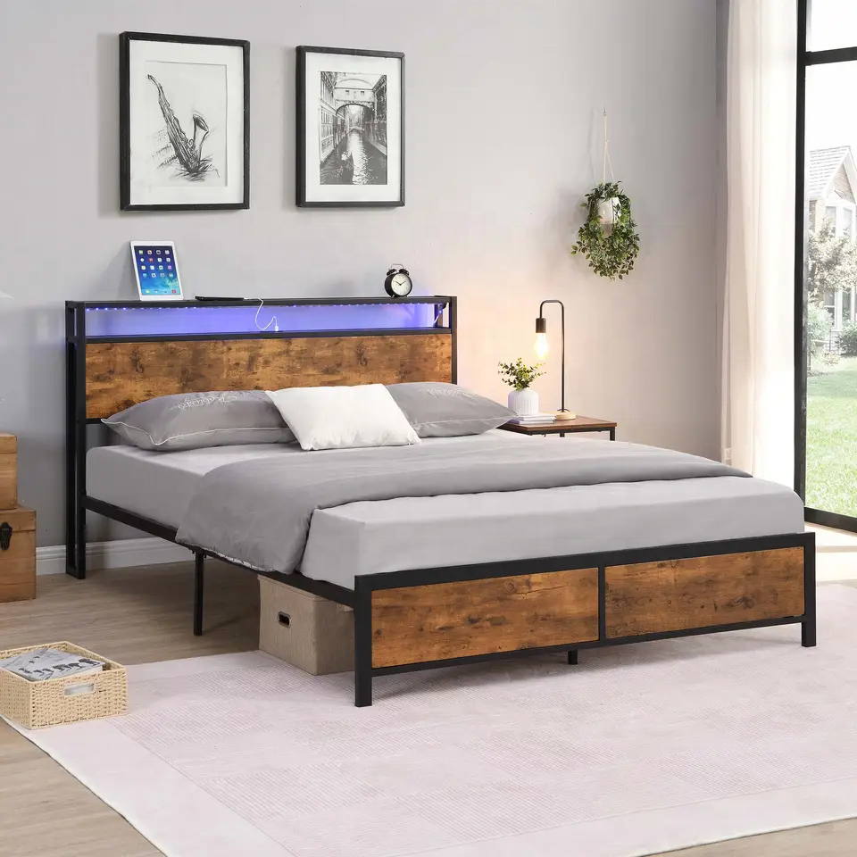 Modern metal  bedroom furniture wooden single/double/queen/king size wooden bed frame with LED light and USB type on headboard