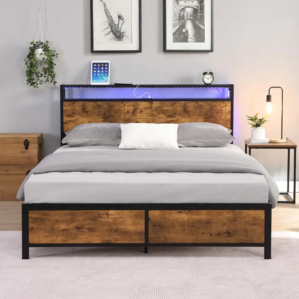 Modern metal  bedroom furniture wooden single/double/queen/king size wooden bed frame with LED light and USB type on headboard