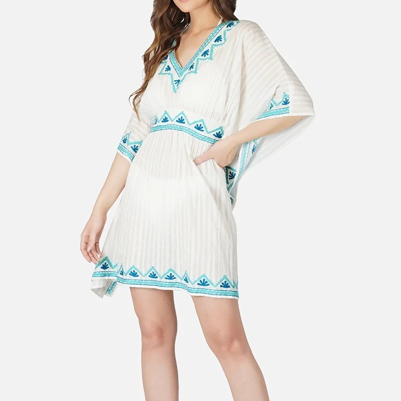 OEM women summer V-neckline lurex stripes cotton beach dress blue embroidered kaftan dress STD9110A