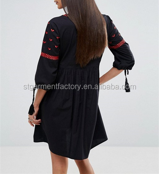 Mexico Style Women Dress Loose Vintage Embroidery Black Smock Dresses Wholesale Custom Clothing STb-01085