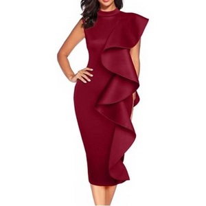 Clubwear Dress Sleeveless Ruffles Bodycon Cocktail Party Dress Mother of The Bride Clothing Women's Maroon Stand Casual Dresses