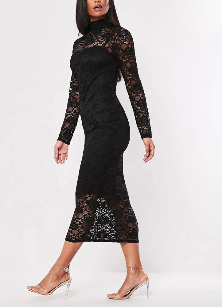 Women Apparel Sexy Missguided Lace Midi Dress Casual Dresses Long Sleeve Floral Pencil 2023 Summer New Turtleneck OEM Service