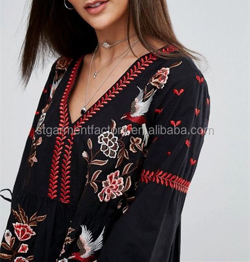 Mexico Style Women Dress Loose Vintage Embroidery Black Smock Dresses Wholesale Custom Clothing STb-01085