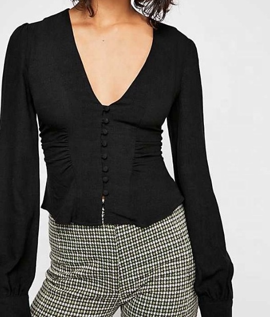 Ruched V-neck front button closures cropped textured women blouse with puff shoulder 2023 2023