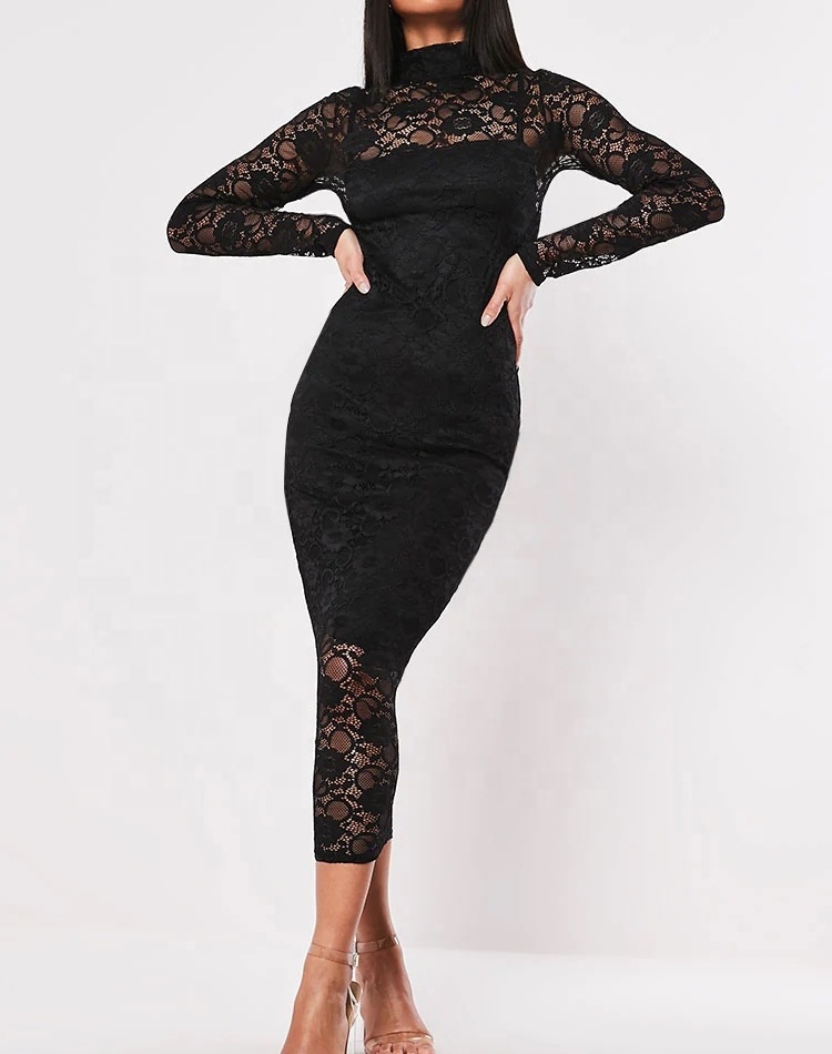 Women Apparel Sexy Missguided Lace Midi Dress Casual Dresses Long Sleeve Floral Pencil 2023 Summer New Turtleneck OEM Service