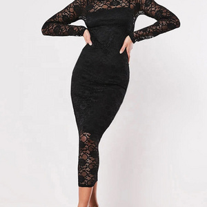 Women Apparel Sexy Missguided Lace Midi Dress Casual Dresses Long Sleeve Floral Pencil 2023 Summer New Turtleneck OEM Service