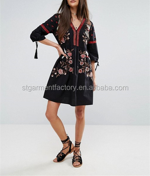 Mexico Style Women Dress Loose Vintage Embroidery Black Smock Dresses Wholesale Custom Clothing STb-01085