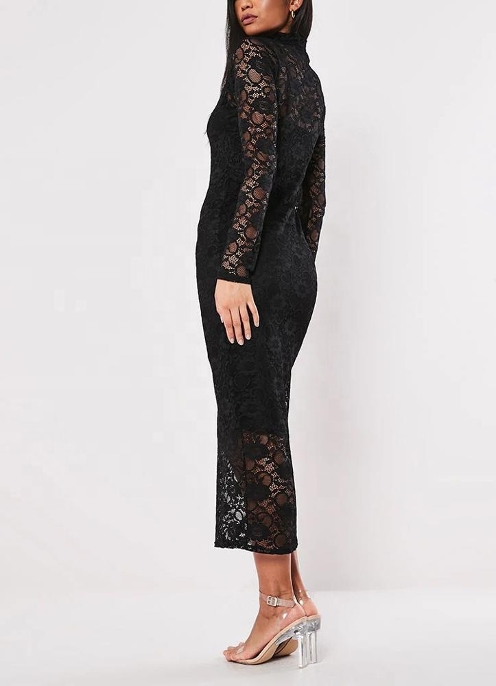 Women Apparel Sexy Missguided Lace Midi Dress Casual Dresses Long Sleeve Floral Pencil 2023 Summer New Turtleneck OEM Service