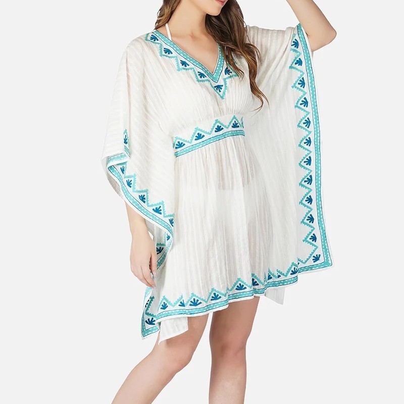 OEM women summer V-neckline lurex stripes cotton beach dress blue embroidered kaftan dress STD9110A