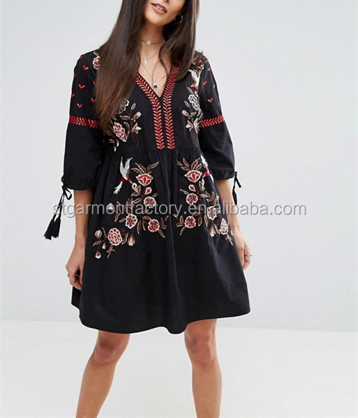 Mexico Style Women Dress Loose Vintage Embroidery Black Smock Dresses Wholesale Custom Clothing STb-01085