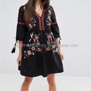 Mexico Style Women Dress Loose Vintage Embroidery Black Smock Dresses Wholesale Custom Clothing STb-01085