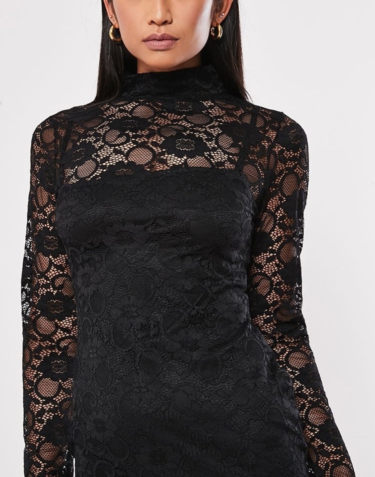 Women Apparel Sexy Missguided Lace Midi Dress Casual Dresses Long Sleeve Floral Pencil 2023 Summer New Turtleneck OEM Service