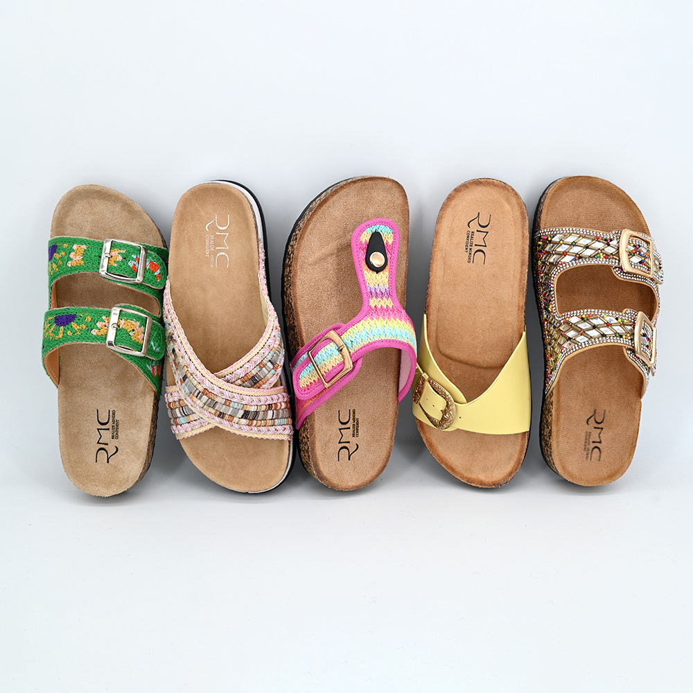 2024 summer new rhinestone cork slippers open with flat sandals square head open toe fashion slipper woman