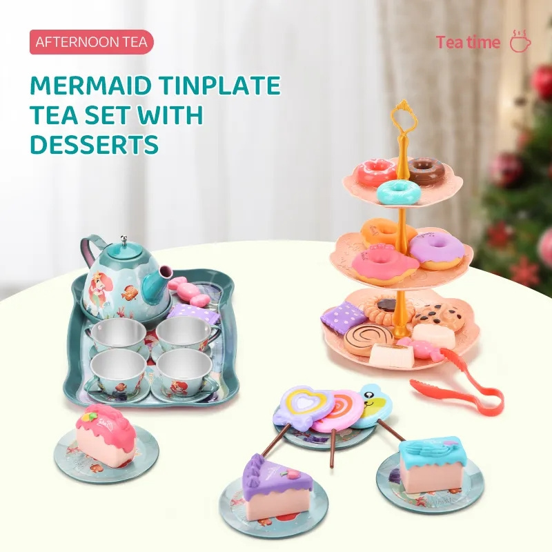 Princess Girls Preschool Pretend Play House Kitchen Toy Mermaid Theme High-Quality Tinplate Tea Set Afternoon Tea Dessert Set