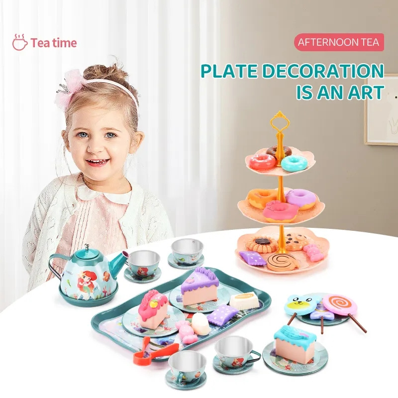 Princess Girls Preschool Pretend Play House Kitchen Toy Mermaid Theme High-Quality Tinplate Tea Set Afternoon Tea Dessert Set