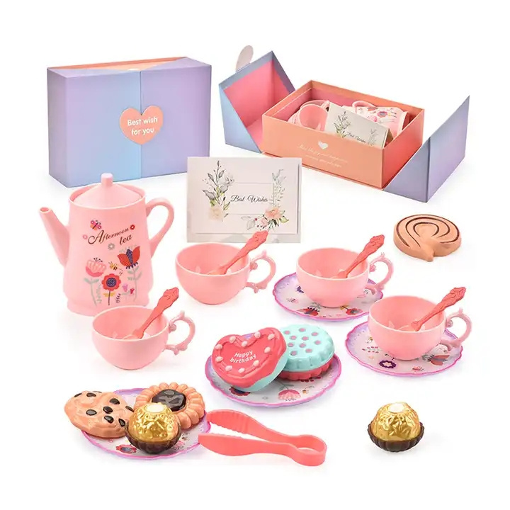 2024 New Preschool Pretend Real Play at Home Kitchen Afternoon Tea Toy Pink Simulation Tea Set Dessert Set for Girl Princess