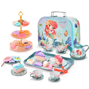 Princess Girls Preschool Pretend Play House Kitchen Toy Mermaid Theme High-Quality Tinplate Tea Set Afternoon Tea Dessert Set