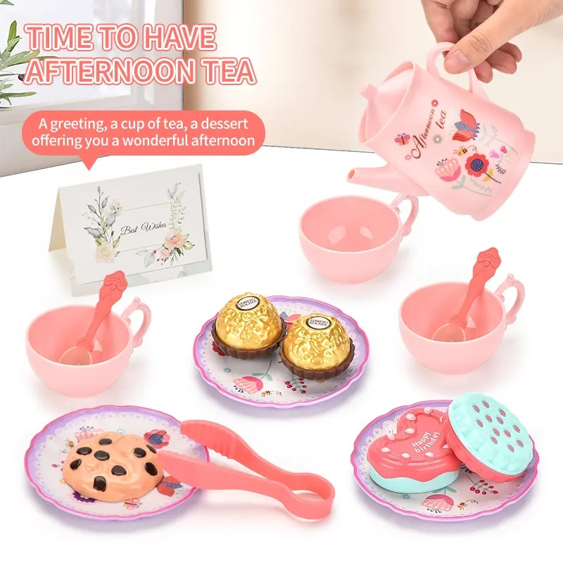 2024 New Preschool Pretend Real Play at Home Kitchen Afternoon Tea Toy Pink Simulation Tea Set Dessert Set for Girl Princess