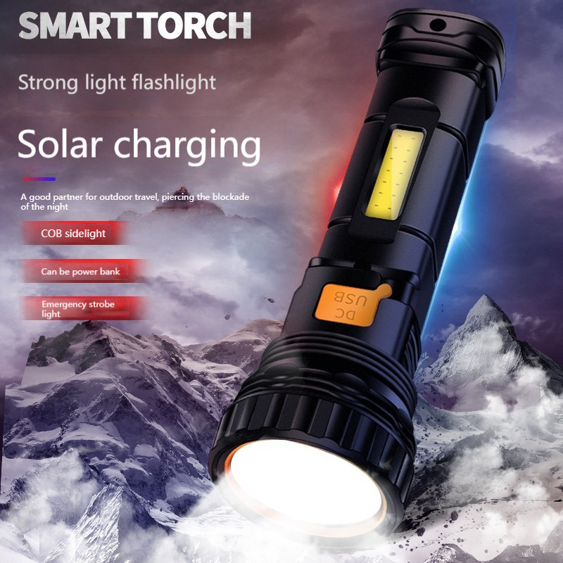 USB Solar Rechargeable Flashlight Super Bright Tactical Torch Outdoor Portable LED Power Bank Camping Light flash light recharge