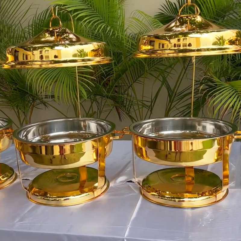 Hotel Wedding Banquet 9.0L Stainless Steel Food Warmer Gold and Silver Buffet Alcohol Heating Round Chafing Dish