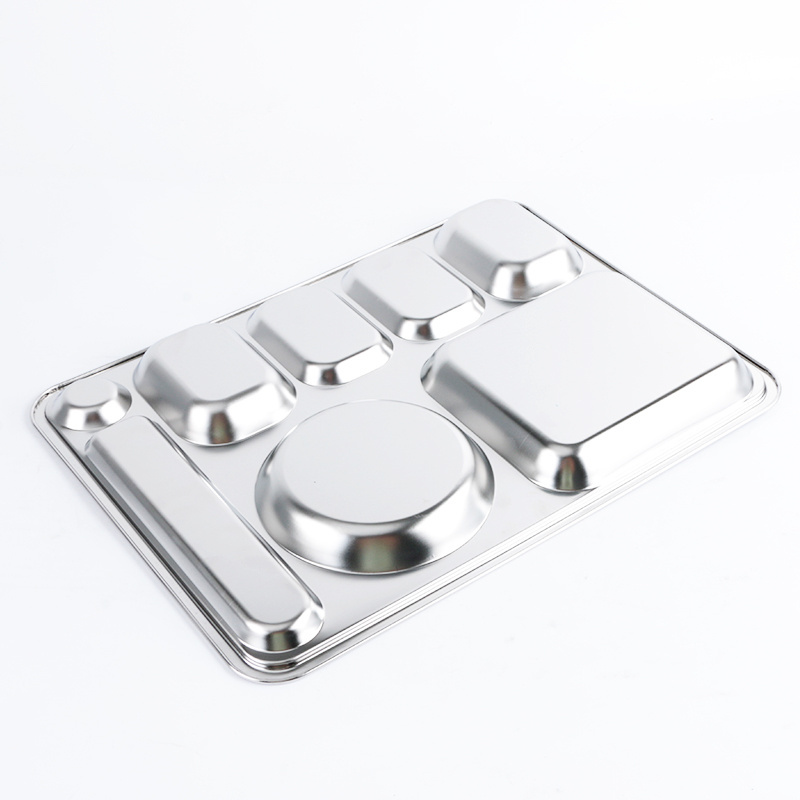 Restaurant Stainless Steel Rectangular Divided Food Tray 6 Compartments Food Plate Mess Trays For Canteen School