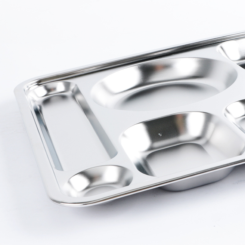 Restaurant Stainless Steel Rectangular Divided Food Tray 6 Compartments Food Plate Mess Trays For Canteen School