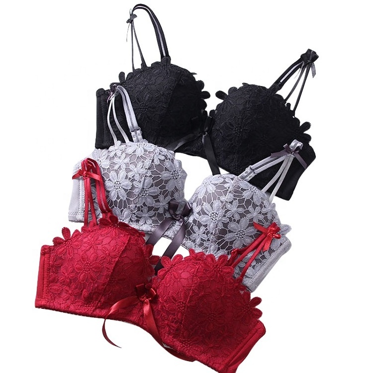 High quality hollowed-out lace floral sexy bra set for girls Women's double straps no steel ring bra panty set