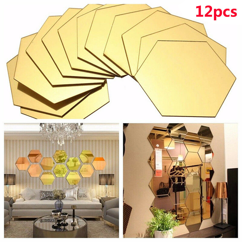 Hot sell Acrylic 12Pcs Set Removable Household Decor Mirror Creative DIY Hexagonal Wall Mounted Sticker Acrylic Mirror Set