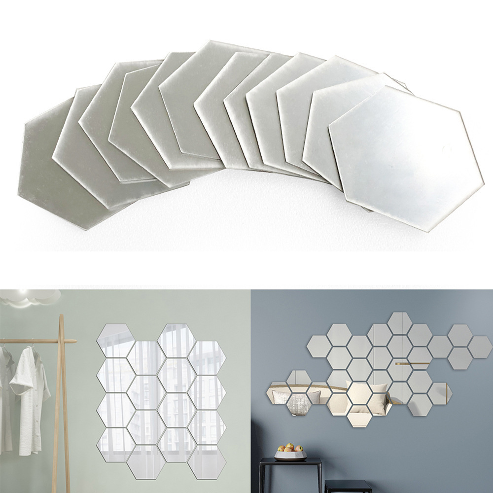 Hot sell Acrylic 12Pcs Set Removable Household Decor Mirror Creative DIY Hexagonal Wall Mounted Sticker Acrylic Mirror Set