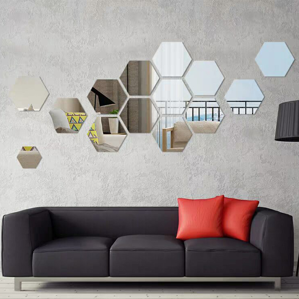 Hot sell Acrylic 12Pcs Set Removable Household Decor Mirror Creative DIY Hexagonal Wall Mounted Sticker Acrylic Mirror Set