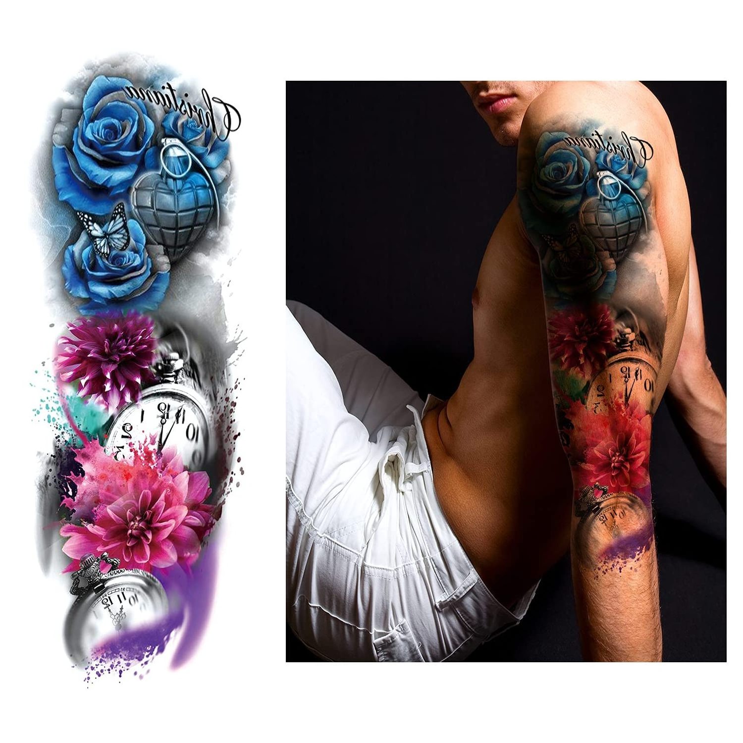 Free Sample Men Large Arm Sleeve Black Sexy Waterproof Temporary Tattoo Sticker Big Skull Flower Full Arm Tattoo Stickers