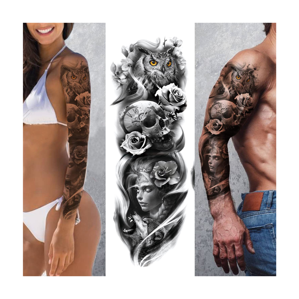 Free Sample Men Large Arm Sleeve Black Sexy Waterproof Temporary Tattoo Sticker Big Skull Flower Full Arm Tattoo Stickers