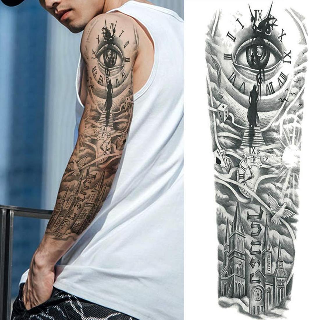 Free Sample Men Large Arm Sleeve Black Sexy Waterproof Temporary Tattoo Sticker Big Skull Flower Full Arm Tattoo Stickers