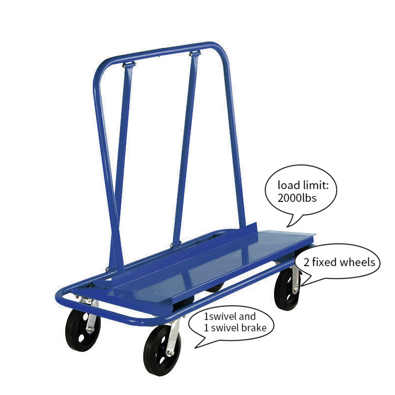 Four Wheels Steel Platform Trolley dolly for Warehouse Stainless drywall cart blue