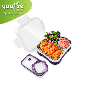 China Custom Plastic 304 Stainless Steel Potlock Food Packaging 3 Compartments Heated Bento Leakproof LunchBox