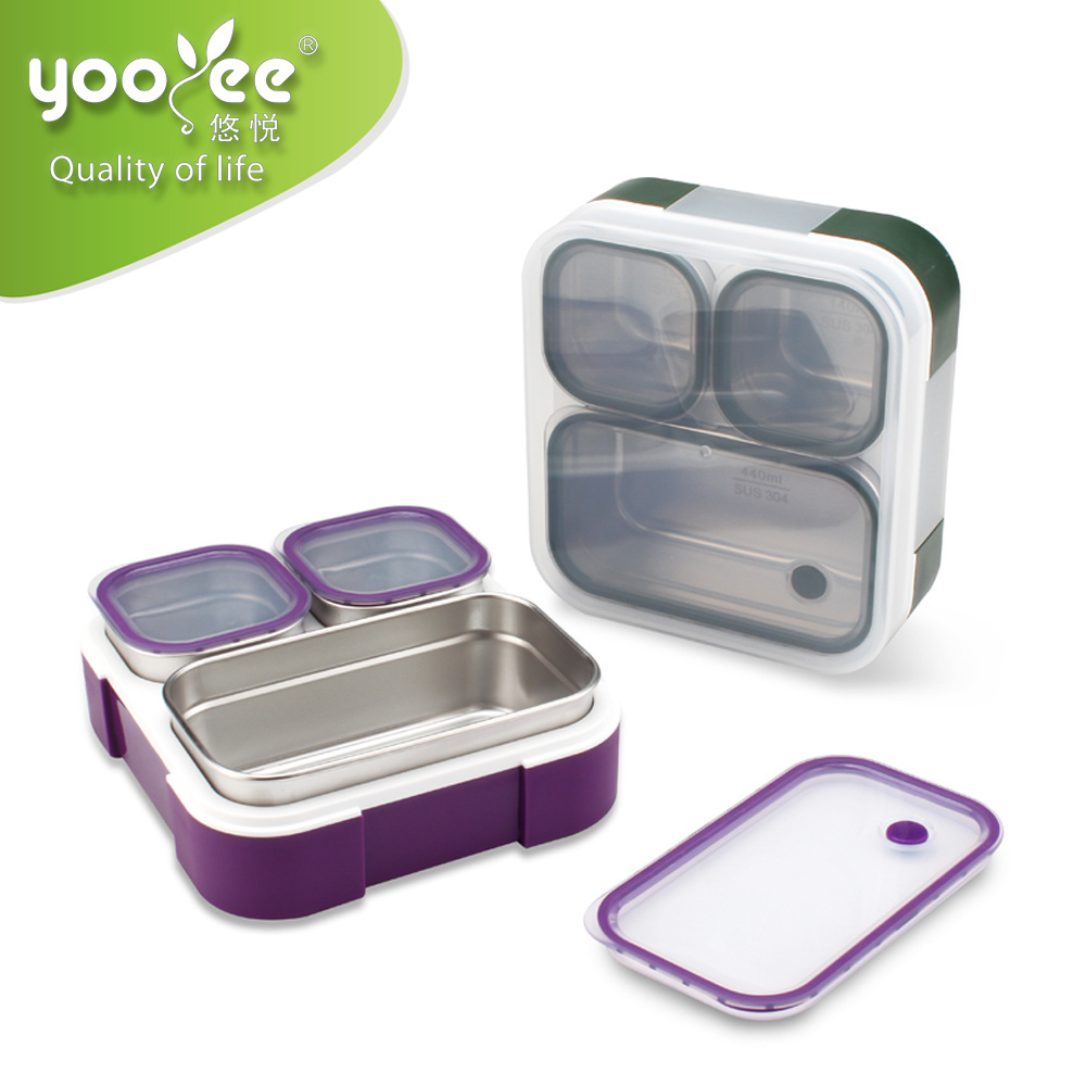 China Custom Plastic 304 Stainless Steel Potlock Food Packaging 3 Compartments Heated Bento Leakproof LunchBox