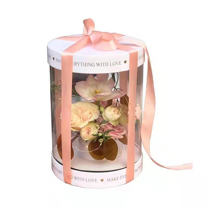 Round Cylinder Bouquet Gift Box With Lid And Ribbon Clear PVC Flower Bucket Box