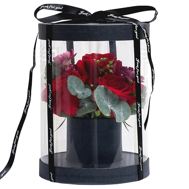 Round Cylinder Bouquet Gift Box With Lid And Ribbon Clear PVC Flower Bucket Box