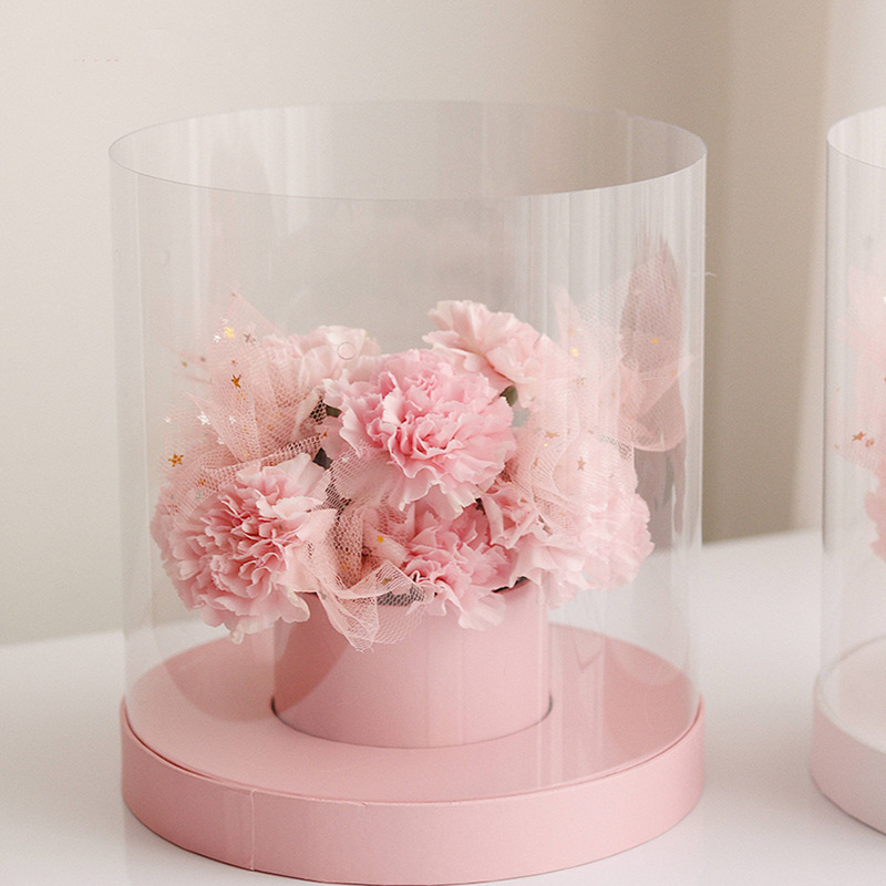 Round Cylinder Bouquet Gift Box With Lid And Ribbon Clear PVC Flower Bucket Box