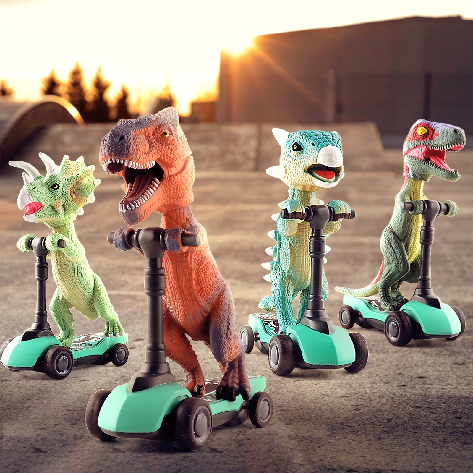 Jinying New Creative Jurassic Dinosaur Friction Powered Dinosaur Scooter Toy Dino Riding Scooter Pull Back Toys cars