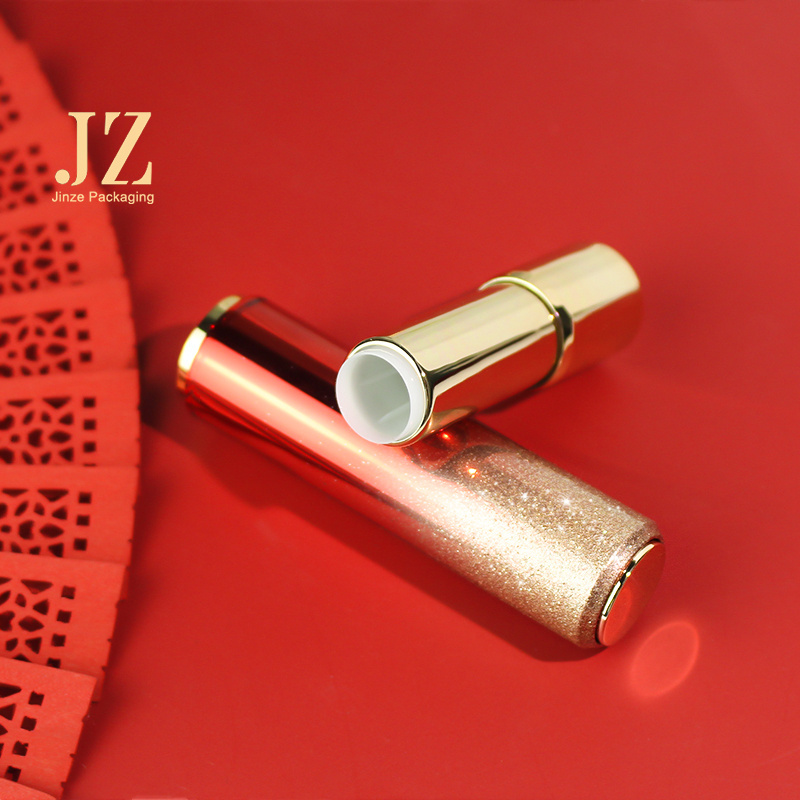 Jinze  Glitter Red Lipstick Tube Empty Pressed Out Golden New Lip Stick Case Mold Round Lipstick Container