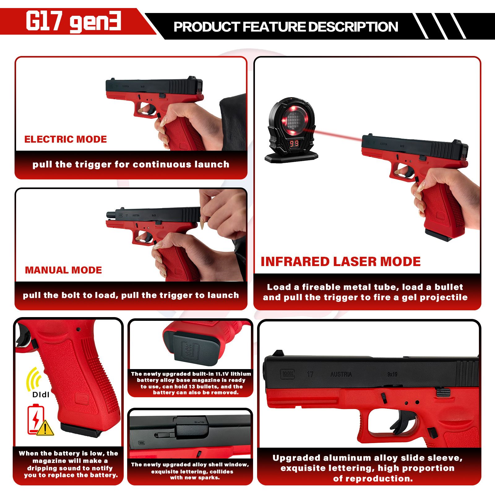 2024 New Glock Pistol G17 Fully Automatic Gel Gun Adult Toy Gun